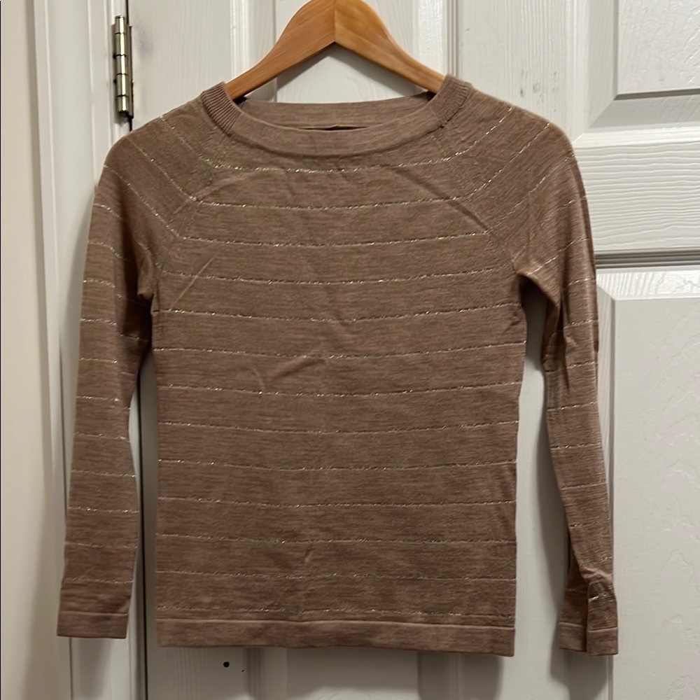 Banana Republic Factory Brown Crew Neck Wool Sweater with Metallic Gold Stripes